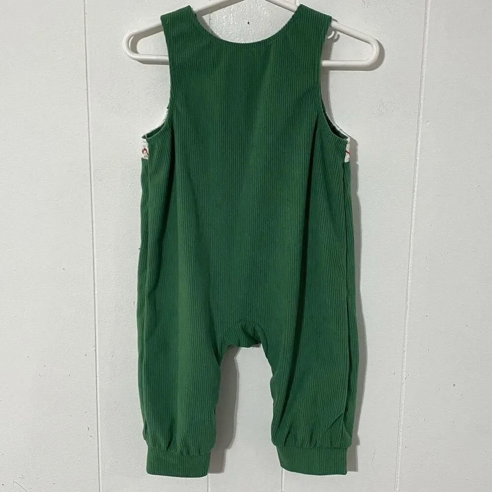 Christmas Ribbed Green Romper 6-9 mo Truck Tree Embroidered Smocked Overalls